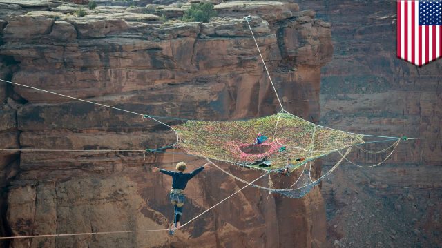Extreme sports: Moab Monkeys slackline, base jump from hammock floating 400ft above the desert